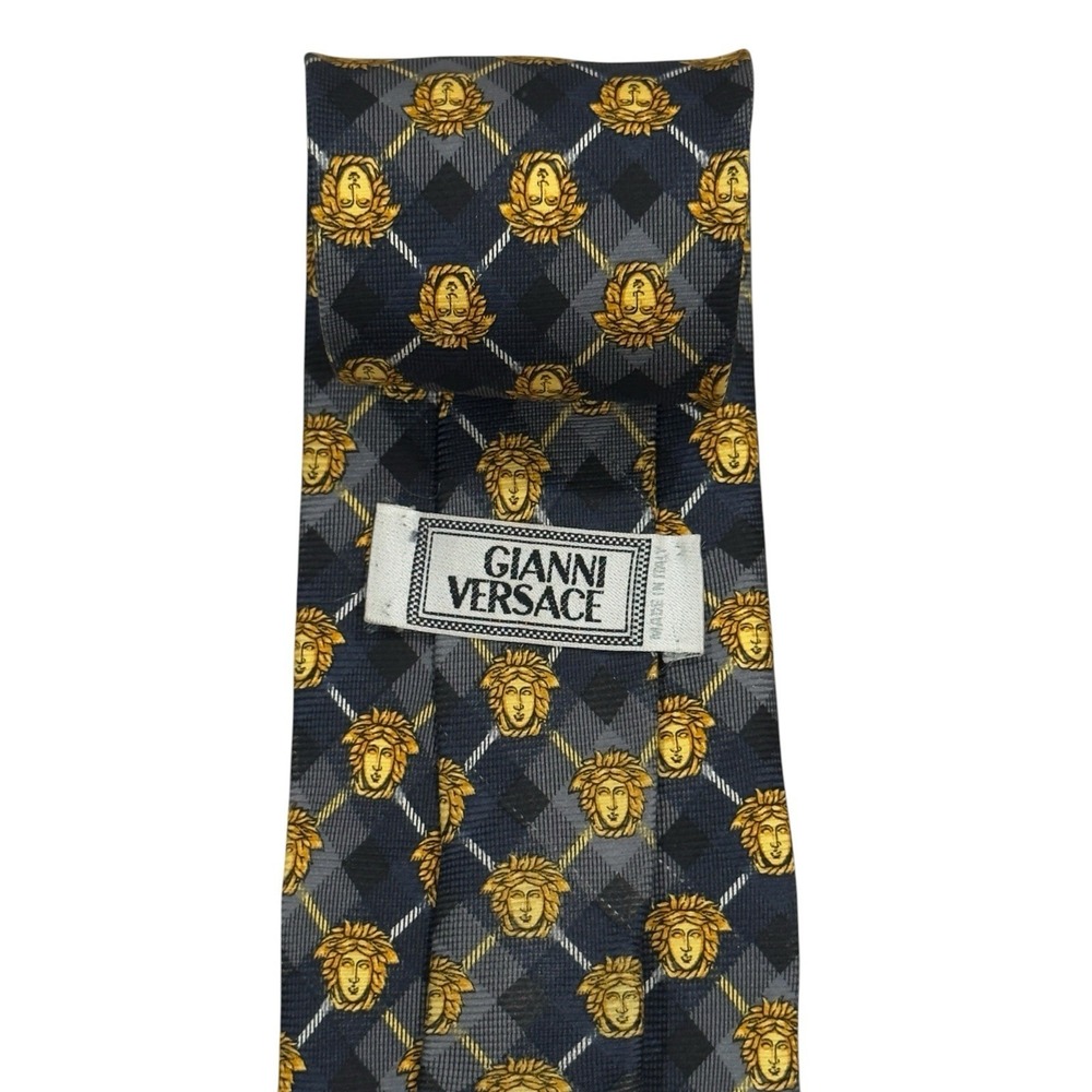 Gianni Versace Mens Tie Medusa Heads Plaid Black/Golf 3.75" (W) x 61.75" (L) euc
